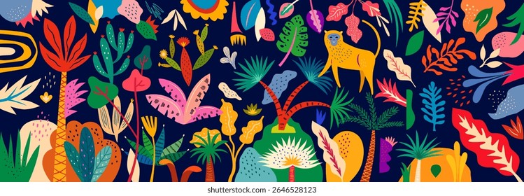 Vector colorful illustration with tropical flowers, leaves, monkey. Brazil tropical pattern.