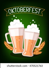 Vector colorful illustration of two big mugs of yellow beer with ears wheat, ribbon and text on dark green background. Oktoberfest festival and greeting. Realistic design for web, site, banner, poster