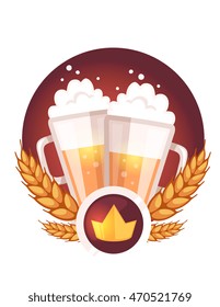 Vector colorful illustration of two big mugs of yellow beer with golden crown, ears wheat, red ribbon and text on white background. Oktoberfest festival and greeting. Realistic design for label, logo