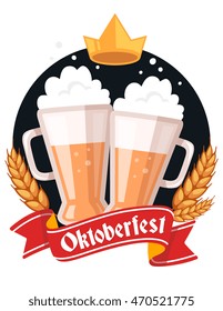 Vector colorful illustration of two big mugs of yellow beer with golden crown, ears wheat, red ribbon and text on white background. Oktoberfest festival and greeting. Realistic design for web, poster