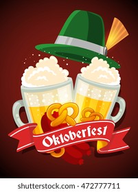 Vector colorful illustration of two big mugs of yellow beer with green hat, sausage, pretzel, red ribbon and text on dark gradient background. Oktoberfest festival and greeting. Realistic design
