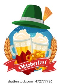 Vector colorful illustration of two big mugs of yellow beer with green hat, sausage, pretzel, ears wheat, red ribbon, text on day blue background. Oktoberfest festival and greeting. Realistic design