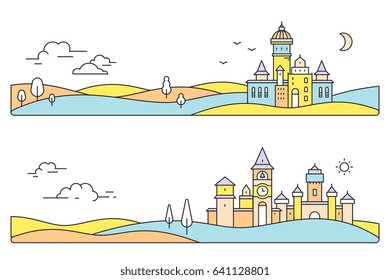 Vector colorful illustration of two city landscape. Set of castle with tree, cloud on white background with hill. Thin line art design for web, site, advertising, horizontal banner