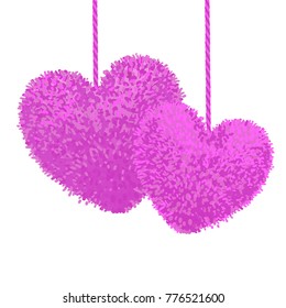 Vector colorful illustration of two fluffy pom-pom in the shape of a heart hanging on the rope, isolated on white background. Decorative elements for Valentines day design.
