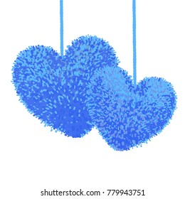 Vector colorful illustration of two fluffy pom-pom in the shape of a heart hanging on the rope, isolated on white background. Decorative elements for Valentines day design.