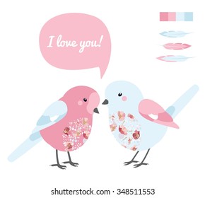 Vector colorful illustration with two love bird and feather in light pink palette