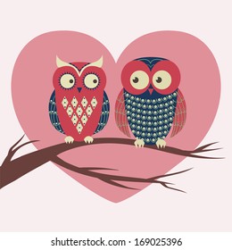 Vector colorful illustration with two owls in love sitting on a branch. Can be used for Valentine's Day, wedding.