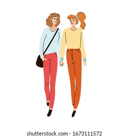 Vector colorful illustration of a two young girl friends walking together hand in hand on the street, isolated on white background