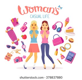 Vector colorful illustration of two young girls with many items on white background with text and blue bow. Art design for web, site, advertising, banner, poster, flyer, brochure, board, paper print.