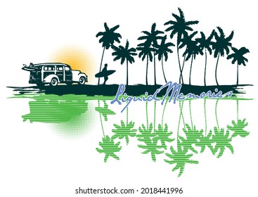 Vector colorful illustration of vintage car, surfer silhouette and coconut trees.