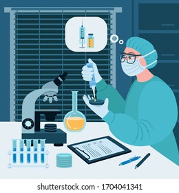 Vector colorful illustration with virologist who is developing a vaccine. Cartoon illustration on the theme of medicine and healthcare. Scientist in the laboratory 