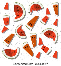 vector colorful illustration of watermelon slices in flat design style on textured wood table background. Template for T-shirt, restaurant menu or your personal design