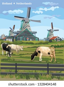 Vector colorful Illustration of watermill in Amsterdam (Netherlands, Holland). Landmark of Holland. Watermill and cows grazing on the meadow.Colorful vector illustration.