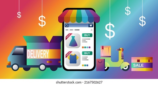 Vector de ilustraciones coloridas para sitios web y contenido, compras en línea, entregas, compras electrónicas, compras en todo el mundo, navegar y descubrir millones de productos, enviar a destinos internacionales