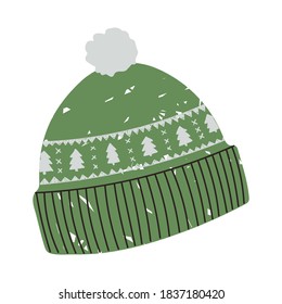 Vector colorful illustration of winter hat with Christmas pattern with Christmas tree isolated on white background