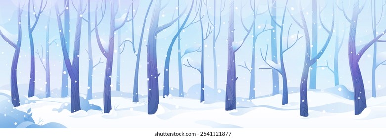 Vector ilustración colorida de paisaje de invierno. Bosque nevado en un día soleado. Colorido dibujado a mano ilustración. Imagen Horizontal para el diseño.