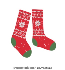 Vektorfarbige Illustration von Wintersocken mit Weihnachtsmuster in Diamanten einzeln auf weißem Hintergrund