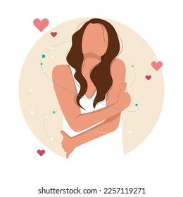 Vector colorful illustration of woman hugging herself isolated on white background. A self-care and self-love symbol.