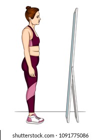 Vector colorful illustration woman in sportswear looking at reflection in mirror  Unhappy young plump girl standing in front mirror 