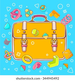 Vector colorful illustration of yellow backpack on blue background with abstract elements. Hand draw line art design for web, site, advertising, banner, poster, board, brochure and print.