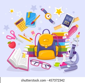 Vector colorful illustration of yellow backpack, pile of books, phone, microscope and other many school supplies on blue background. Bright design for web, site, advertising, banner, poster, board