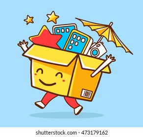 Vector colorful illustration of yellow joy character shopping box with electronics, star, umbrella inside on blue background. Doodle style. Thin line art flat design of shopping box character