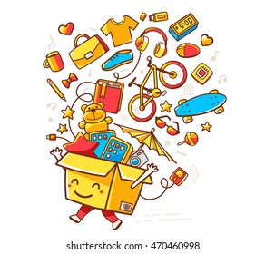 Vector colorful illustration of yellow smile character shopping box with lot of purchases on white background. Doodle style. Thin line art flat design of shopping box character with hands, legs