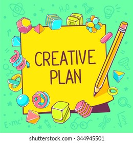 Vector colorful illustration of yellow sticker with text and pencil on green background with abstract elements.Hand draw line art design for web, site, advertising, banner, poster, brochure and print.
