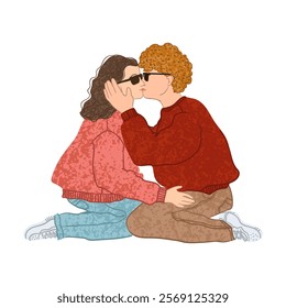 Vector Colorful Illustration of Young Couple in Love is Kissing Isolated on White Background