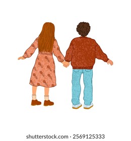 Vector Colorful Illustration of Young Couple in Love Holding Hands Isolated on White Background