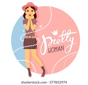 Vector colorful illustration of young girl in hat puts her hands together near the face and opens month with text  on pink and blue background.Art design for web, site,advert,banner,poster,flyer,print