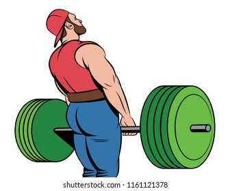 Vector colorful illustration of a young muscular guy. The weightlifter trains with a weight. Fitness coach with a dumbbells isolated from white background. Element design for flyer or logo of the gym