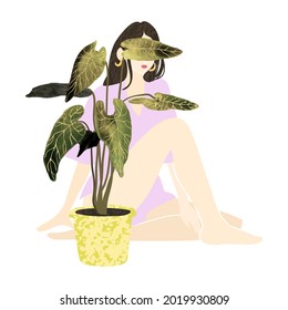 Vector colorful illustration of young summer woman sitting behind a potted house plant. Use it as element for design greeting card, poster, banner, Social Media post, invitation, graphic design