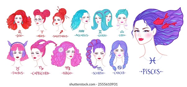 Vector colorful illustrations collection of zodiac signs girls portraits