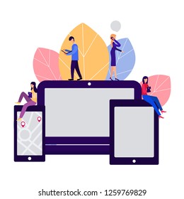 Vector colorful illustrations of communication over the Internet, social networks, chat, video, news, messages, website, search for friends, mobile communications