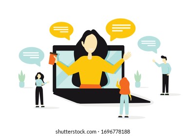Vector colorful illustrations of communication through the Internet, social networks, chat, video, news, messages, website, search for friends. Friendly communication. Meeting, conference, video chat.