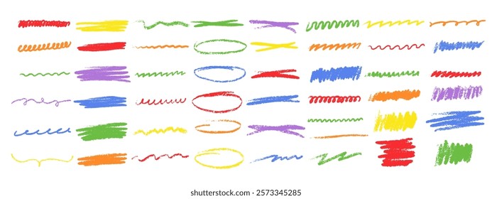 Vector colorful illustrations of markers, brushes and stylized pencil sketches. Chalk strokes, pencil swirls, ovals, circles and redraws . Hand drawn lines, stroke separators in various patterns.