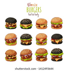 Vector colorful illustrations on the fast food theme: big set of different kinds of burgers. Pictures contain realistic shadows and glare.