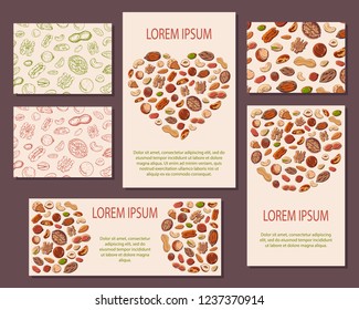 Vector colorful illustrations on the nutrition theme: mix of different kinds of nuts. Template for advertising products. Cards for your design.