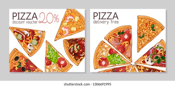 Vector colorful illustrations on the pizza theme; pizzas from different recipes. Template for advertising products. Discount vouchers. Cards for your design.