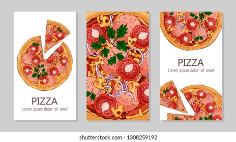 Vector colorful illustrations on the pizza theme; pizzas from different recipes. Template for advertising products. Cards for your design.
