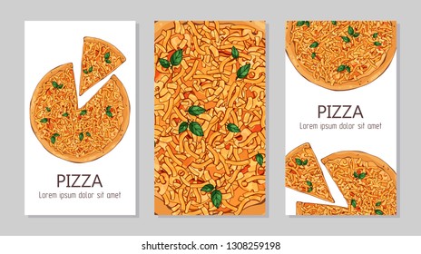 Vector colorful illustrations on the pizza theme; pizzas from different recipes. Template for advertising products. Cards for your design.
