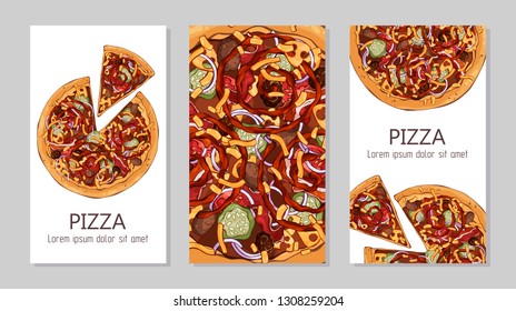 Vector colorful illustrations on the pizza theme; pizzas from different recipes. Template for advertising products. Cards for your design.
