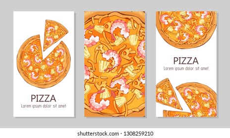 Vector colorful illustrations on the pizza theme; pizzas from different recipes. Template for advertising products. Cards for your design.