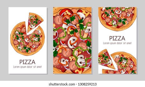 Vector colorful illustrations on the pizza theme; pizzas from different recipes. Template for advertising products. Cards for your design.