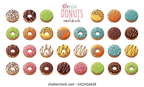 Vector colorful illustrations on the sweets theme; big set of different kinds of glazed donuts decorated with toppings, chocolate, nuts. Realistic isolated objects for your design.