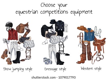 Vector colorful illustrations on the theme horse ammunition and rider outfit; set of groups of objects for equestrian sport competitions. Pictures contain realistic shadows and glare.