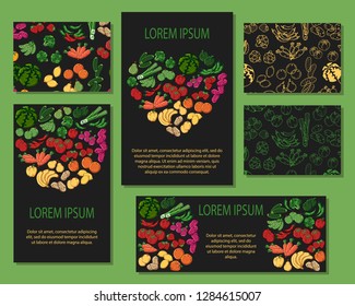 Vector colorful illustrations on the vegetarianism theme: various types of fresh vegetables and fruits. Eco lifestyle. Template for advertising products. Cards for your design.