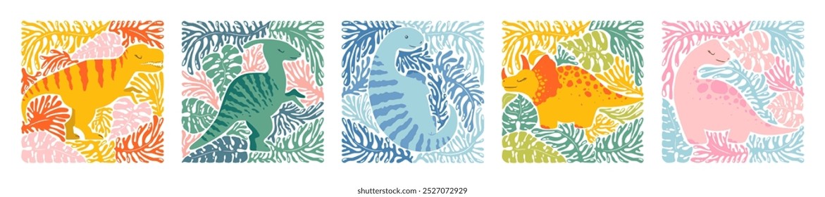 Vector colorful illustrations set with cute cartoon dinosaurs, abstract branches and leaves isolated on white background. Animal design for print, wallpaper, card, poster, nursery decoration