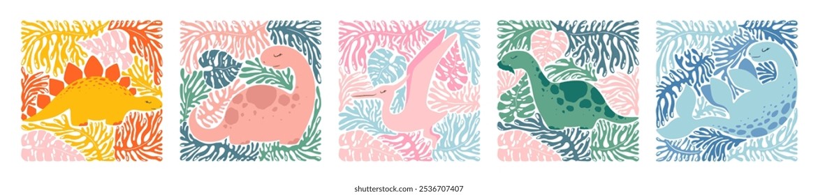 Vector colorful illustrations set with cute cartoon dinosaurs, abstract branches, leaves isolated on white background. Animal design for print, wallpaper, card, poster, nursery decoration